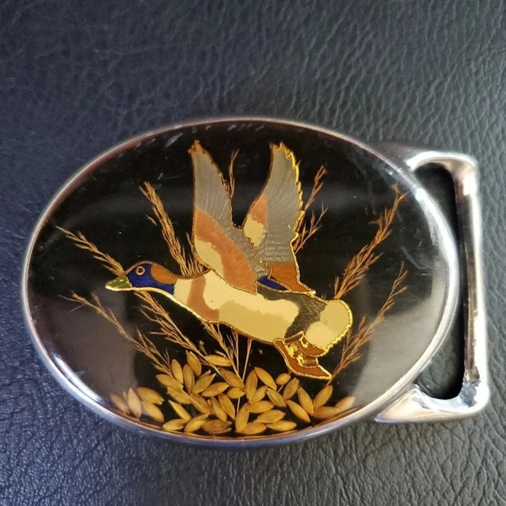 VON WEST Mallard Duck Belt Buckle Vintage Waterfowl Hunting Black Enamel